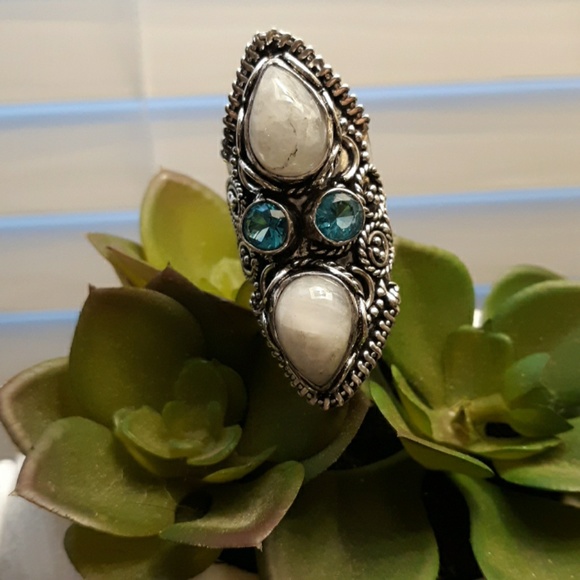 New Rainbow Moonstone & Blue Topaz 925 Silver Statement Ring. - Picture 6 of 8